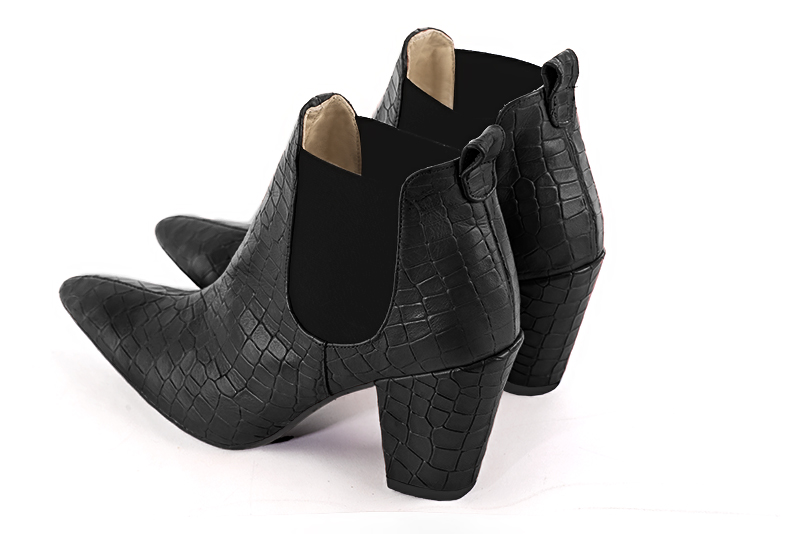 Women's satin black and matt black elegant Chelsea ankle boots, with side elastics. Tapered toe. High cone heels - Rear view